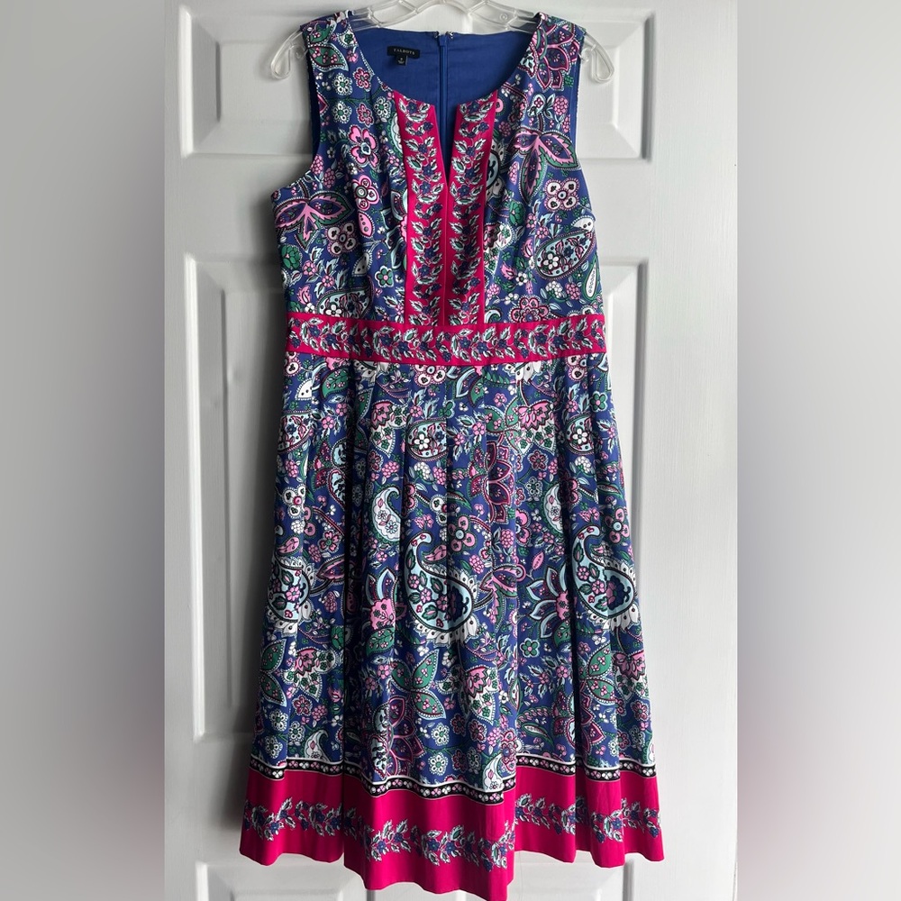 Talbots Pleated Paisley Floral Midi Dress Lined Sleeveless Cotton Blend Size 8